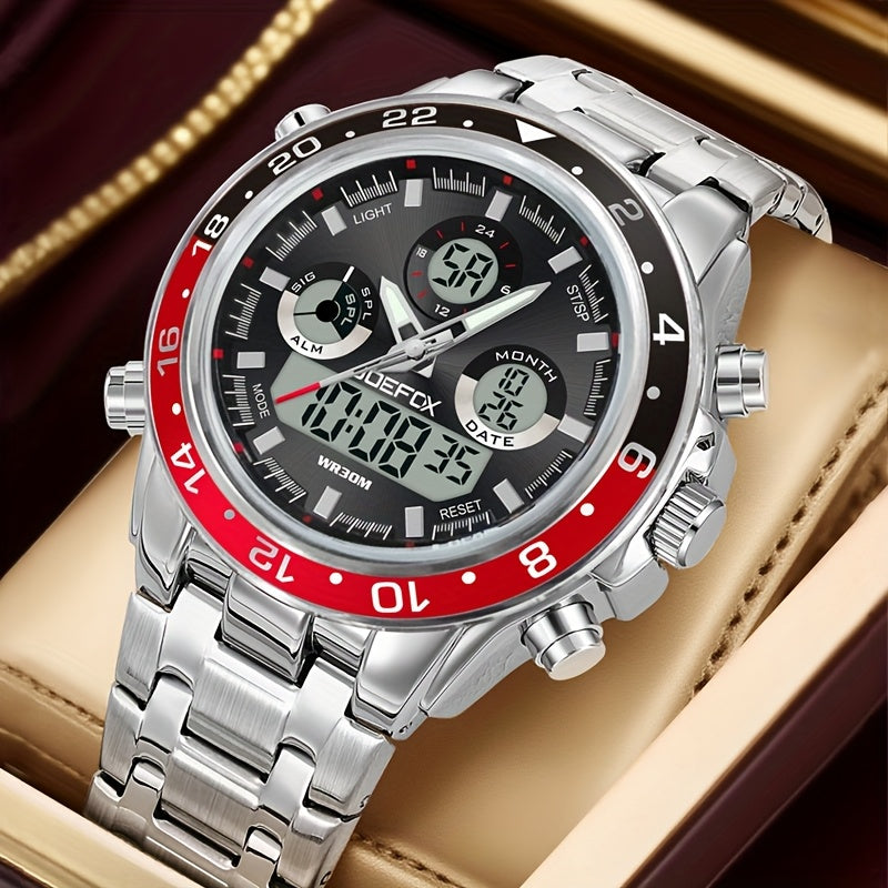JOEFOX Men's Vintage Business Chronograph Watch – Dual Movement Steel Band, Waterproof, Band Adjustment Tool Included, Father's Day Gift