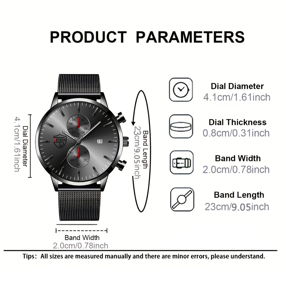 [ Men Watch Set ] 4pcs/ Set Men's Quartz Watch & Bracelet Set | Stainless Steel | Casual Watch | Business Watch | Bracelet for Men | Men Necklace | Date Watch for Men