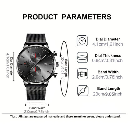 Men's Quartz Watch & Bracelet Gift Set 4-Piece – Stainless Steel Date Watch, Necklace & Bracelet for Men, Casual Business Jewelry Bundle