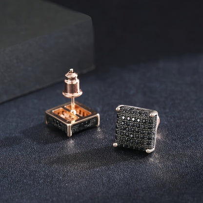Men's Iced Out Square CZ Stud Earrings – Hip Hop Cubic Zirconia Copper Bling Earpin Streetwear Silver Black Cool Gift for Him