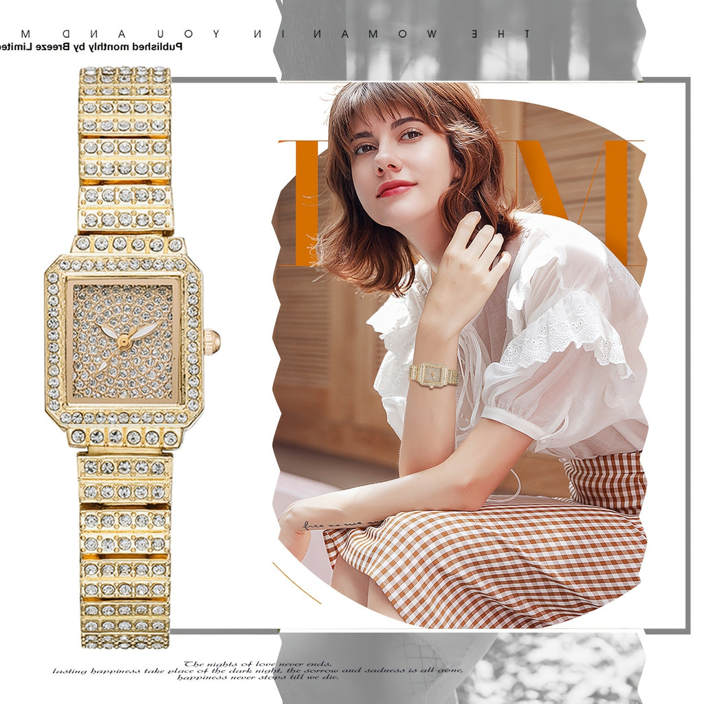 Luxury Women'S Square Dial Bling Rhinestone Watch Quartz Analog Dress Wristwatch