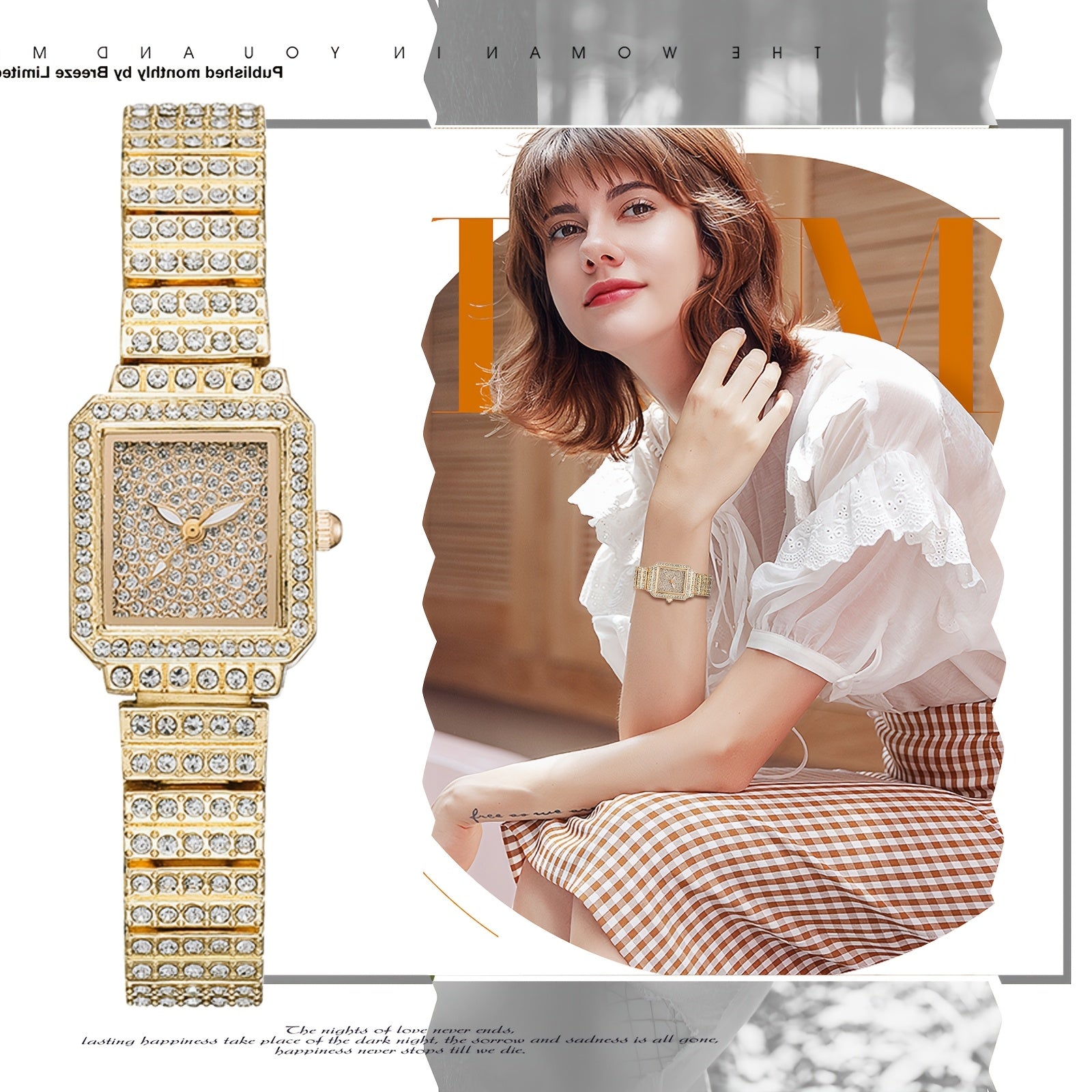 Luxury Women'S Square Dial Bling Rhinestone Watch Quartz Analog Dress Wristwatch