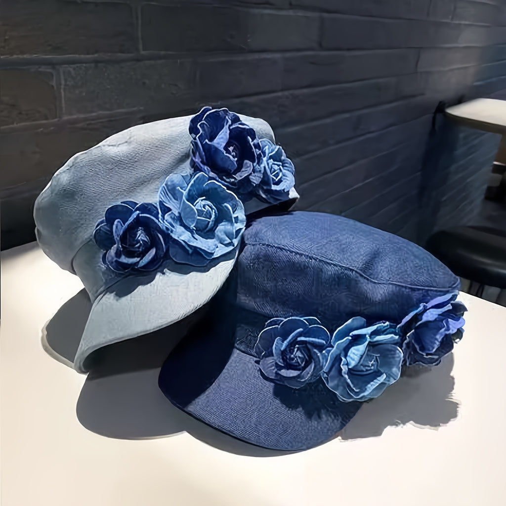 Women's Floral Denim Newsboy Cap Handmade Flower Decor Casual Hat for Artists Painters Suitable for Daily Outdoor Wear