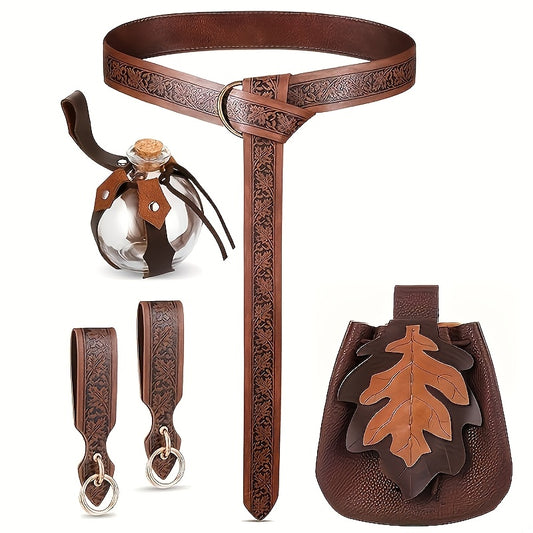 5pcs Renaissance & Medieval Women'S Accessory Set, Faux Leather Belt, Leaf Accent Fairy Dress, Faux Leather Purse, and Cosmetic Vial, for Cosplay, LARP, and Festivals