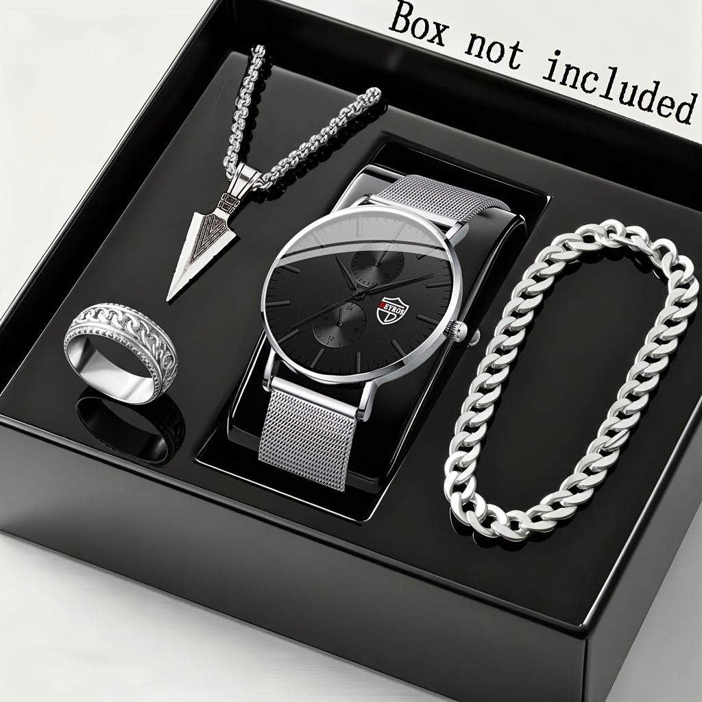 4pcs/Set Men'S Elegant Quartz Watch And Bracelet Set – | Sports Watch | Casual Watch | Business Watch | Quartz Movement