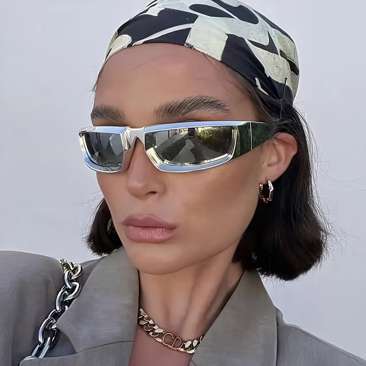 Futuristic Y2K Style Tech-Inspired Polygonal Wrap Glasses with Silvery Coating