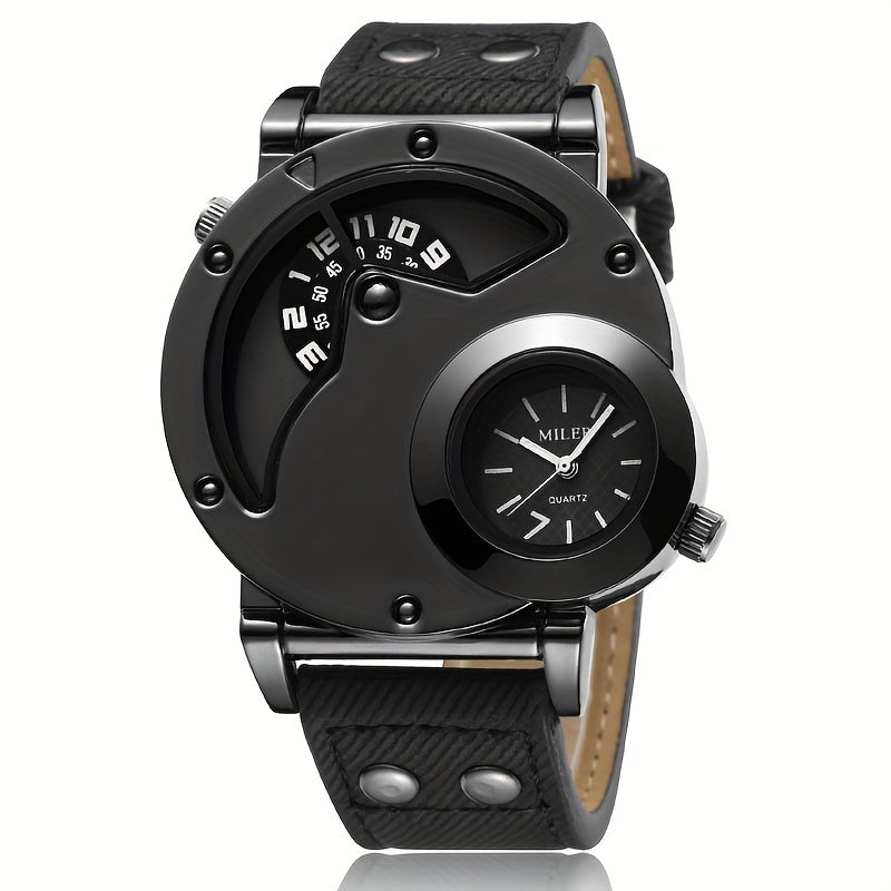 Vintage Men's Watch Big Dial Dual Time Zone PU Leather Strap – Business Quartz Analog Wristwatch for Men, Classic Retro Style Clock Black Blue