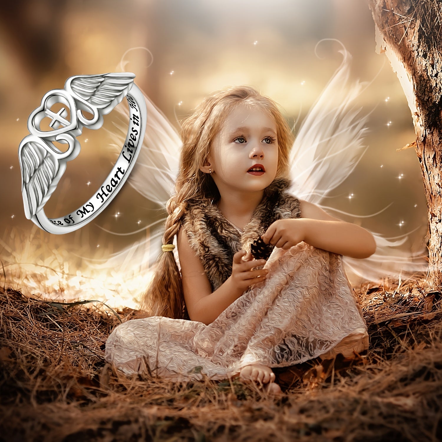 S925 Sterling Silvery A Piece Of My Heart Lives In Heaven Angel Wing Ring for Women Jewelry Memory Of Mom Dad Grandma Grandpa Daughter Son Loss Memorial Gift