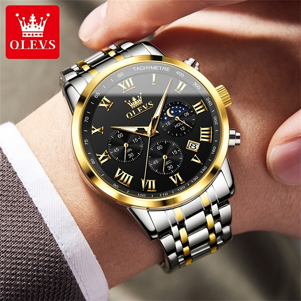 [Luxury Dress Watch] OLEVS Men Watch Stainless Steel Chronograph Roman Numerals Moon Phases Analog Quartz Luxury Dress Watch for Men