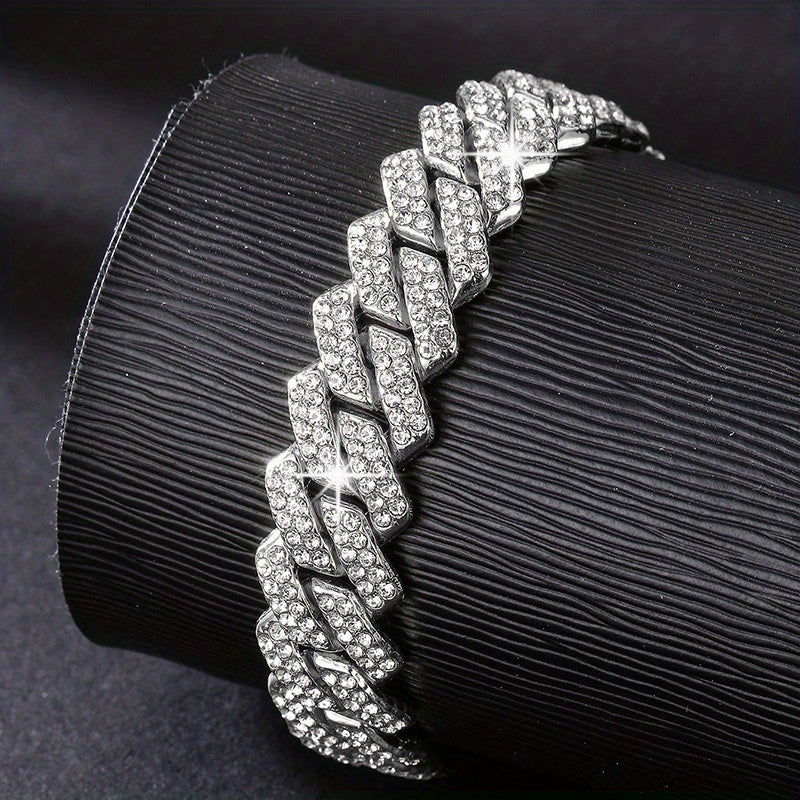 2pcs Men Cuban Link Necklace And Bracelet Set Full Rhinestones Embellished Unisex Punk Inspired, Y2K Hip Hop Style Cuban Link Necklace Bracelet Jewelry Luxury Gift Idea for Him/Her