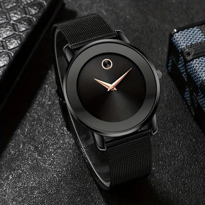 Men's Minimalist Watch Set of 2 - Mesh Strap Quartz Business Casual Wristwatch Duo, Black & Gold Analog Watches Gift Set for Men