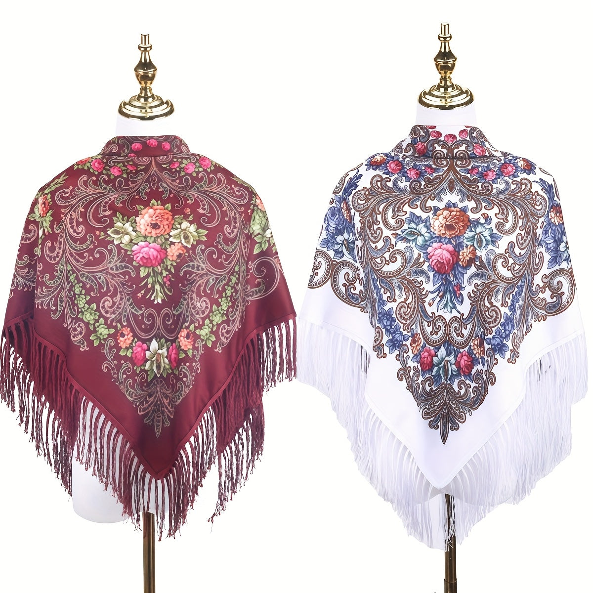 Set of 2 Tassel Shawls Featuring a Vintage Floral Design, Perfect for The Autumn-Winter Season. These Fringed Scarves Provide Warmth And Protection from The Wind, Ideal for Themed Parties And Costume Events. Great Clothing Options for You