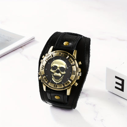Men's Skull Watch Steampunk Analog Quartz Wristwatch - Vintage Gothic Hollow Dial Wide Leather Band Biker Watch for Halloween Party Casual Wear