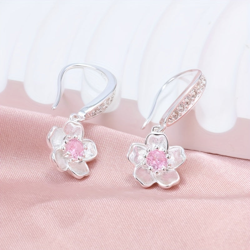 925 Silver Exquisite Peach Blossom Pendant Earrings Pink Synthetic Zirconia Flower Pendant Earrings Romantic Cherry Blossom Small Fresh Earrings Women's Jewelry, Suitable for Daily Wear and Special Occasions