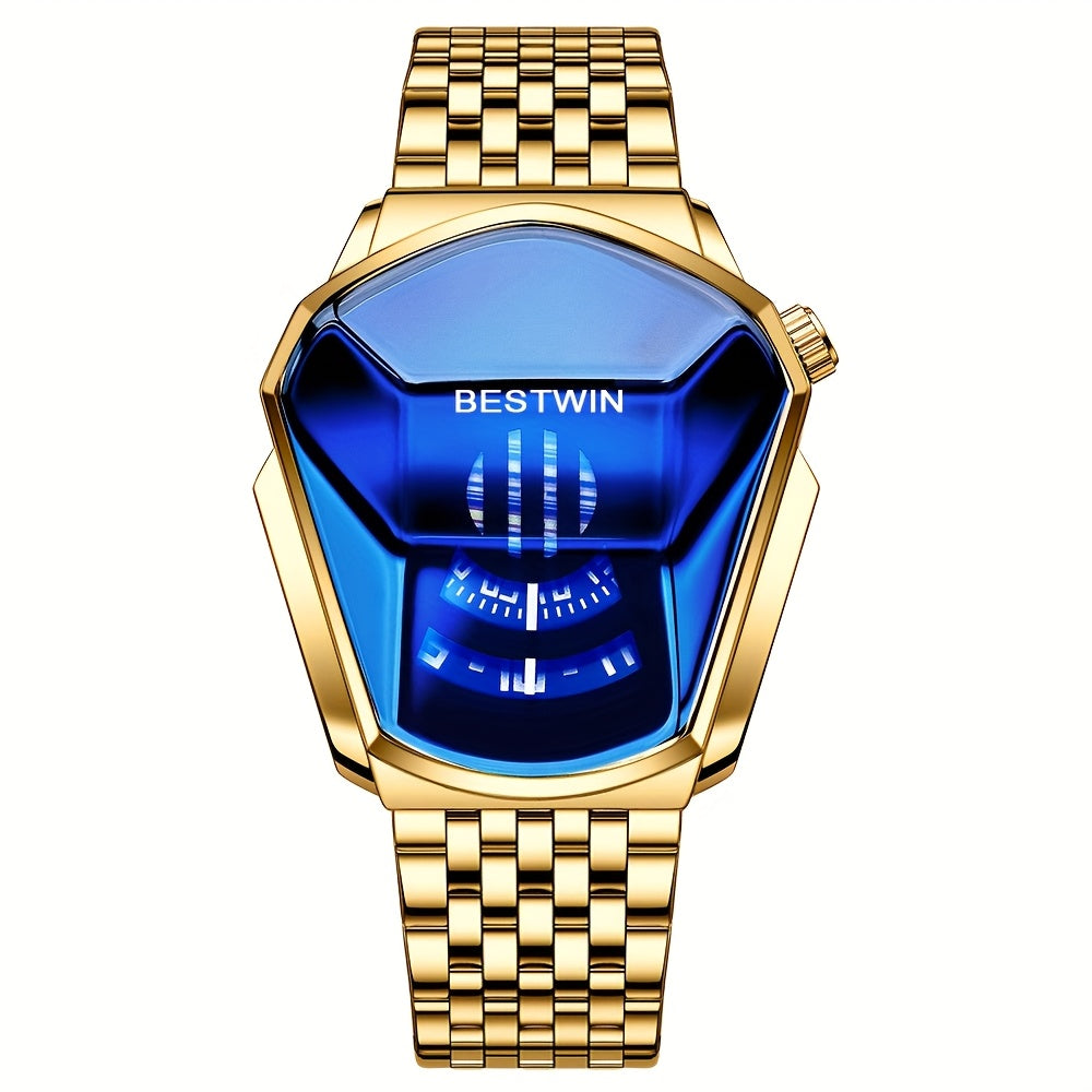 Men's Quartz Watch Blue Rhinestone Dial Steel Band Business Dress Watch for Men Fashion Analog Wristwatch Gift