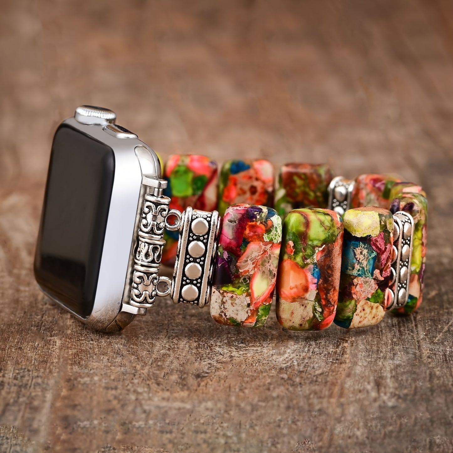 Natural Stone Boho Beaded Bracelet Apple Watch Band for Women — Handmade Elastic Rope Strap, Navy & Multicolor, Fits 38/40/41mm Series 1-9 SE Ultra