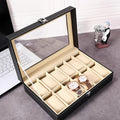 A 12-Compartment Faux Leather Watch Storage Box That Locks, Suitable for Both Men'S And Women'S Jewelry, Featuring Drawers And a Two-Tier Design with a Glass Top for Displaying Watches And Glasses