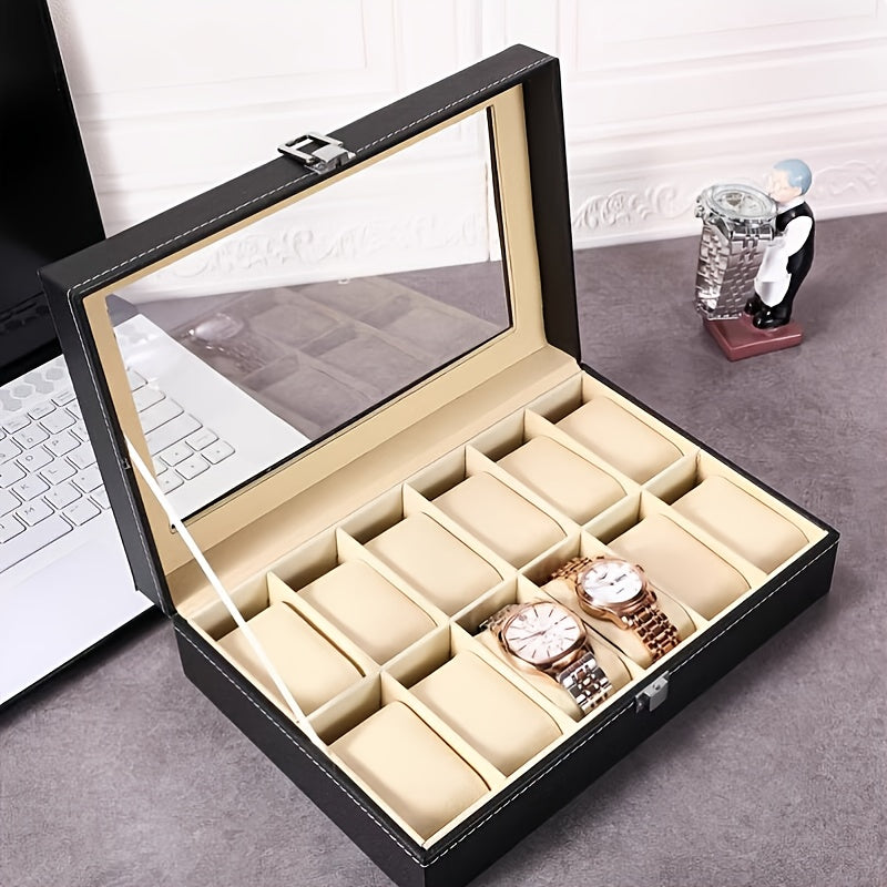 A 12-Compartment Faux Leather Watch Storage Box That Locks, Suitable for Both Men'S And Women'S Jewelry, Featuring Drawers And a Two-Tier Design with a Glass Top for Displaying Watches And Glasses