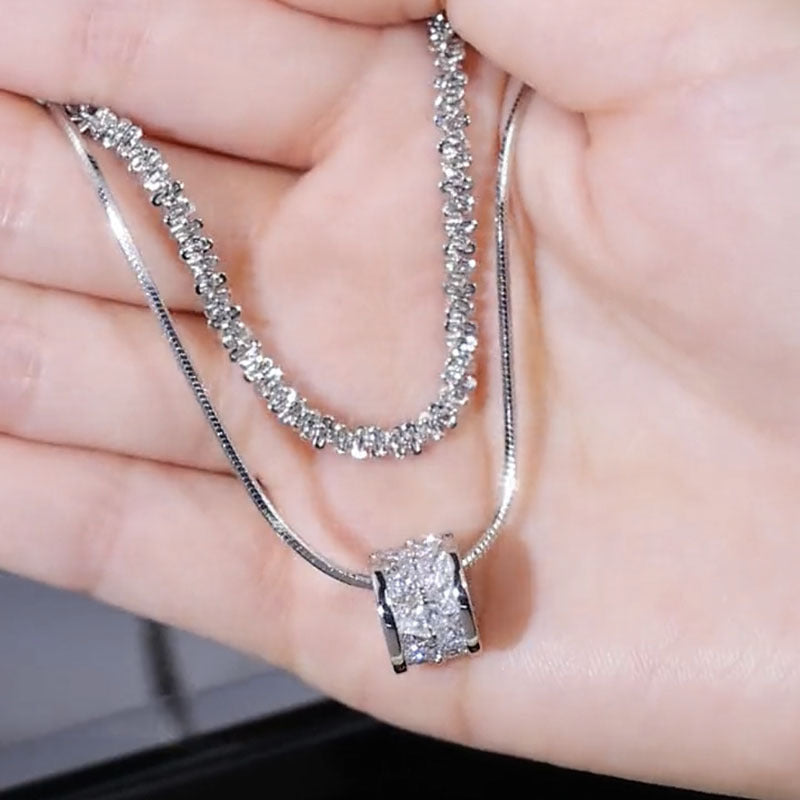 S925 Pure Silvery Elegant Double Layered Clavicle Chain Necklace for Women, Simple Fashion Sweater Chain with Synthetic Cubic Zirconia, Versatile for Daily & Gift Occasions, All Seasons