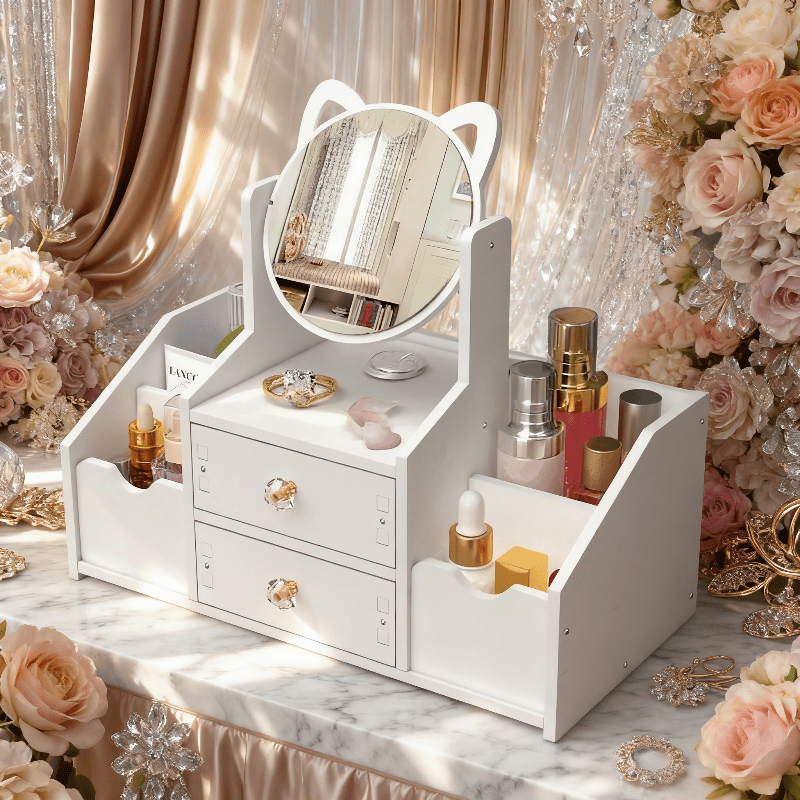 Jewelry Box, Dressing Table with Cat Ear Mirror, Perfect Choice for Home or Bedroom Organization, Durable Construction, Ideal for Birthdays, Christmas, and as a Gift.