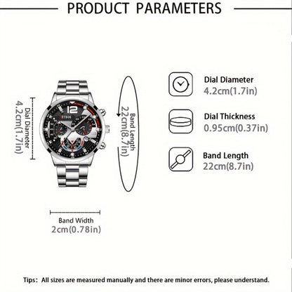 Men's Watch Set 4pcs - Quartz Analog Wristwatch with Date Display, Alloy Case & Strap, Glamorous Round Dial, Casual Fashion Watch Bundle Gift for Men, Christmas Valentine Birthday