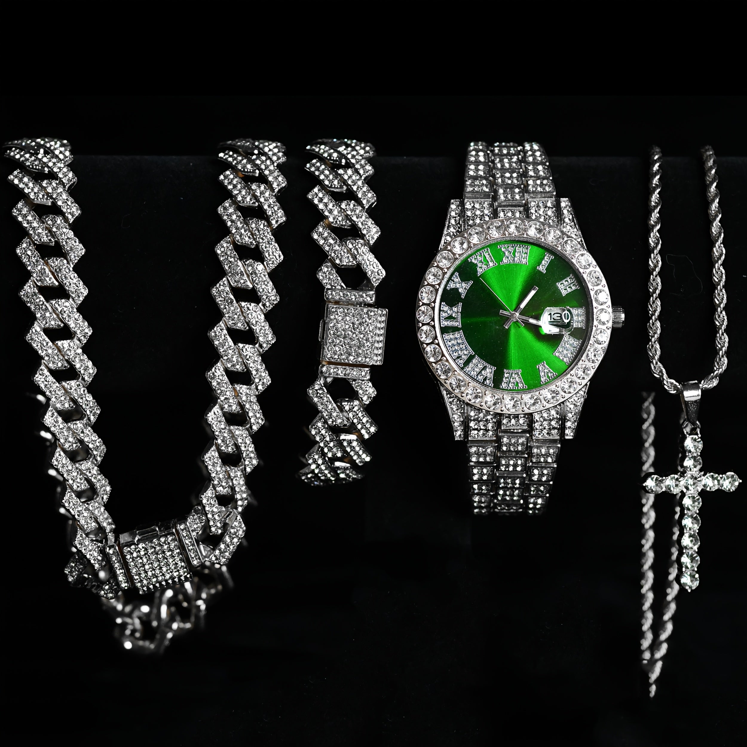 Luxury Cuban Link Jewelry Set: Necklace, Bracelet, Pendant Necklace, and Wristwatch Full Set - Ideal Gift for Holiday Celebrations, Valentine's Day, Christmas, and Birthdays