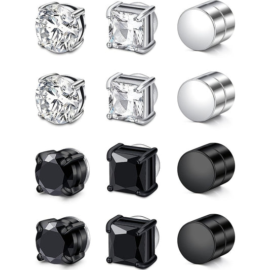 Magnetic Stud Earrings for Men Multi-Pack - Round Square Embellished Non-Piercing Ear Studs, Silver & Black Tone, 8/9/12/14pcs Set, No Piercing Needed, Unisex Fashion Jewelry Gift