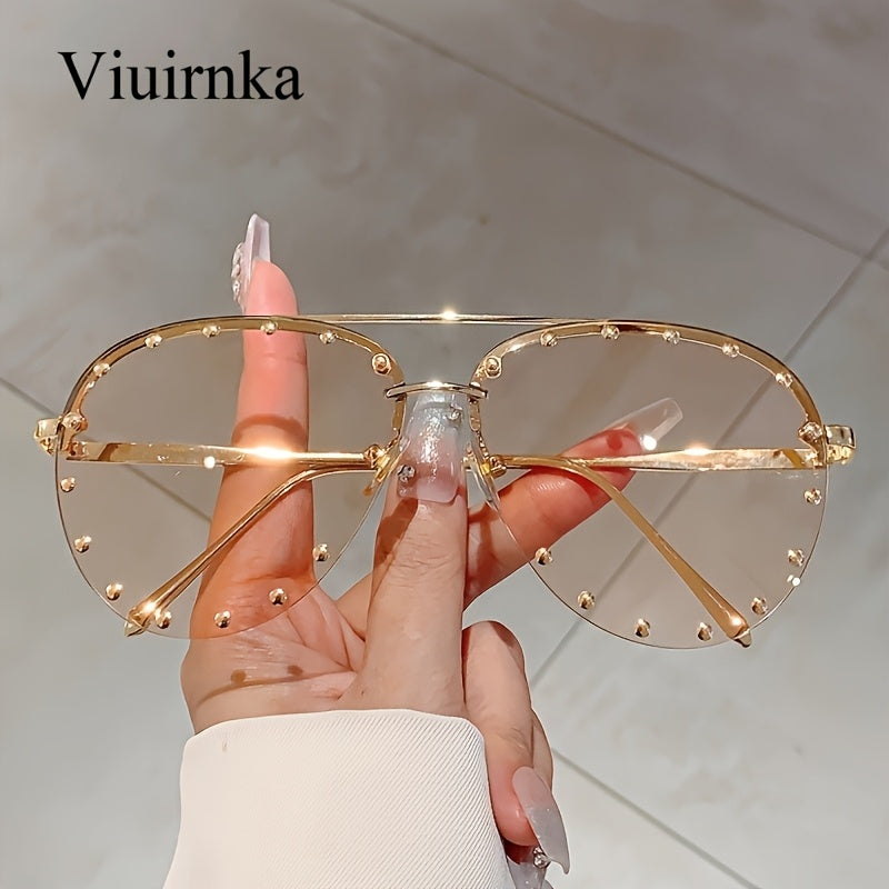 Semi-Rimless Glasses for Women Studded Detail, Classic Lightweight Fashion Eyewear with Case Included, Trendy Versatile Frame for Daily Wear Office Casual — Perfect Gift for Halloween Christmas, 4 Colors
