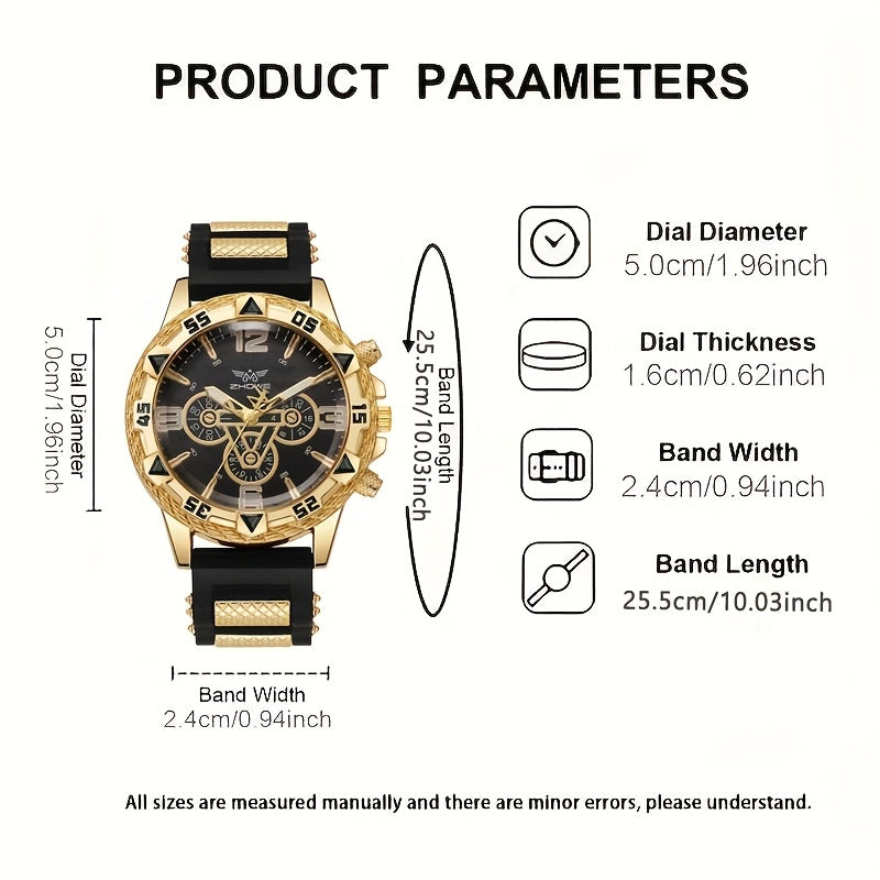 [Luxury Men's Watch] 2pcs Luxury Men's Watch - Large Dial, Silicone Strap | Sports, Casual, Business Quartz Watch