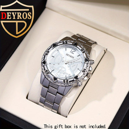 Quartz Watch Set for Men 6pcs Stainless Steel Analog Wristwatch – Date Display Round Dial Classic Luxury Timepiece Gift Box, Reloj Para Hombre