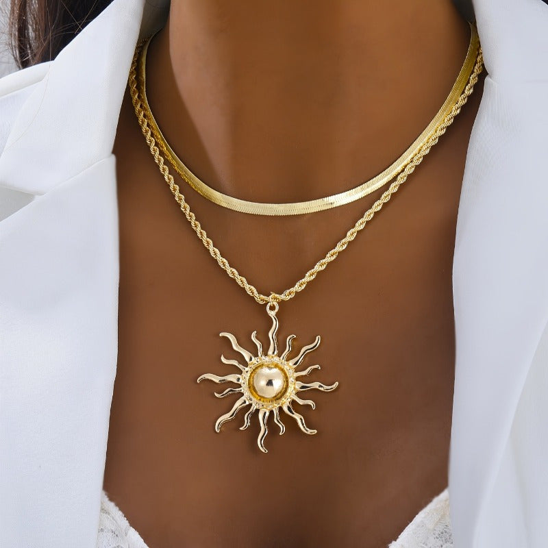 Elegant Double Layer Snake Bone Chain Necklace with Sun Flame Pendant for Women, Bohemian Style Jewelry for Casual Attire or Gift, Gift for Women | Flame Motif Design