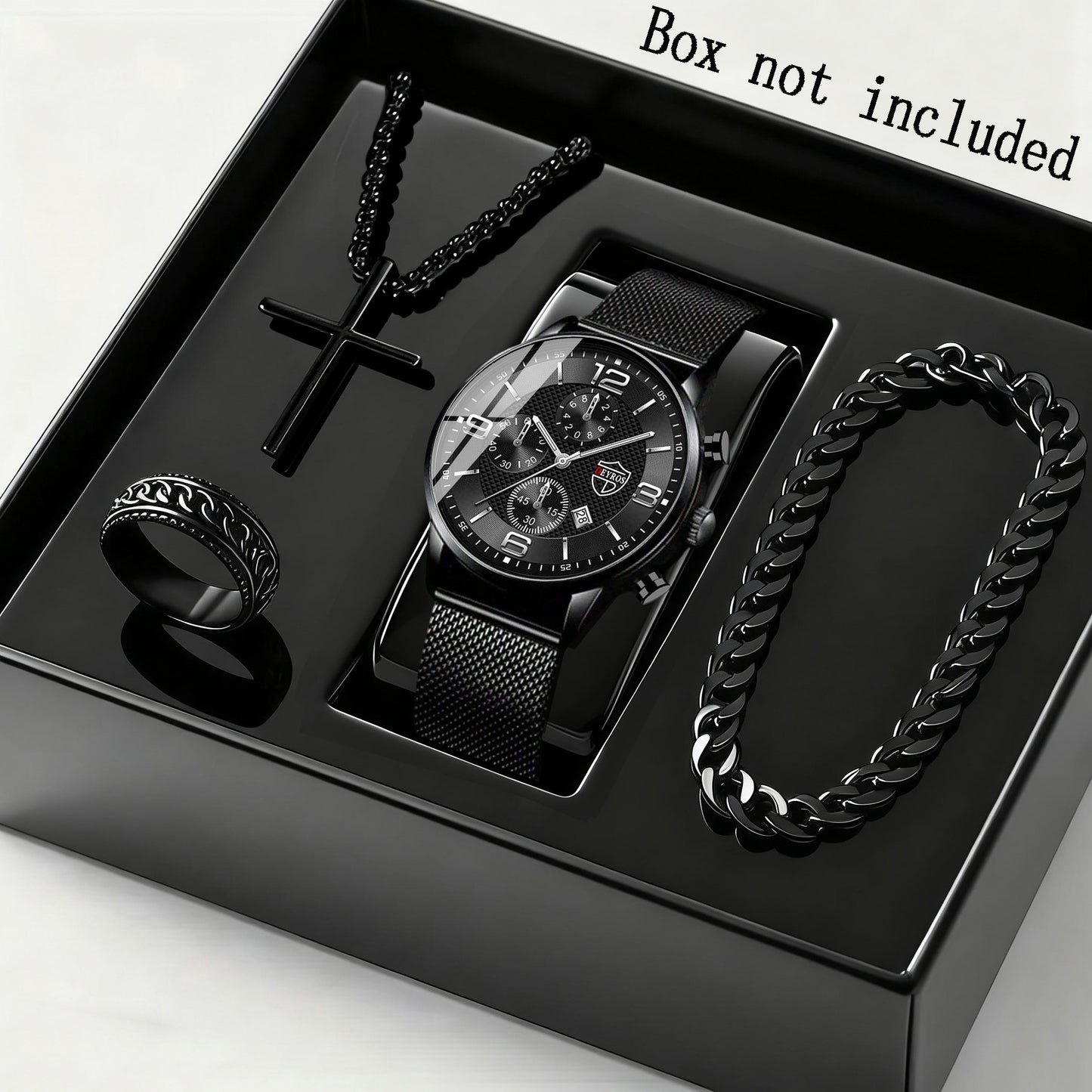 Men's Watch & Jewelry Gift Set 4-Piece – Quartz Date Watch, Stainless Steel Bracelet & Necklace, Casual Business Accessories for Men