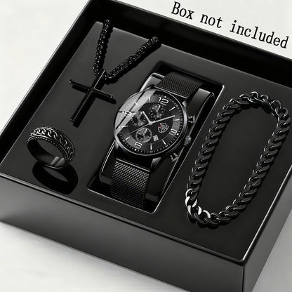 Men's Watch & Jewelry Gift Set 4-Piece – Quartz Date Watch, Stainless Steel Bracelet & Necklace, Casual Business Accessories for Men