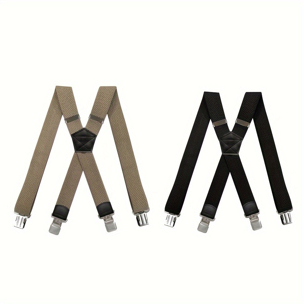 1/2pc Heavy Duty Suspenders For Men Work Outdoor Hunting Motorbiking Skiing, 1.5inch Wide X-back 4 Strong clamp, Adjustable Elastic Men's Suspenders Trouser Braces