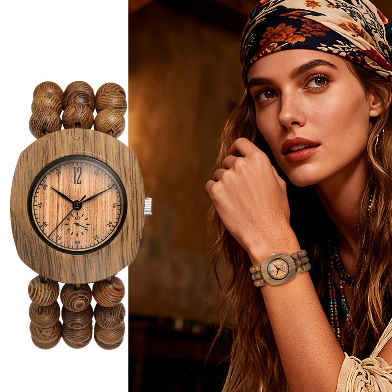 Women Wood Beaded Elastic Bracelet Band Watch Butterfly Dial Arabic Numerals Analog Quartz Boho Wristwatch