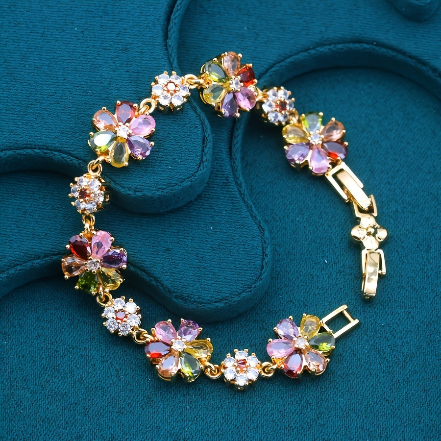 18K Gold Plated Zirconia Bracelet for Women – Vintage Floral Motif CZ Bangle, Elegant Retro Jewelry for Daily Wear, Special Events & Valentine's Day Gift