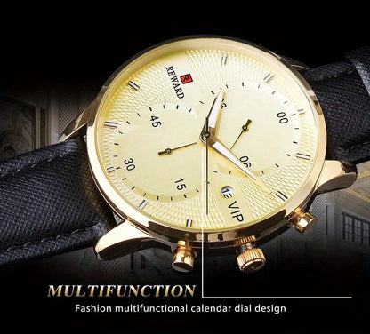 Men's Quartz Watch with PU Leather Strap, Date & Stopwatch — Gift Box Included | Golden & Blue