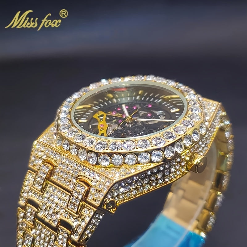 Men'S Luxury Wristwatch by Miss Fox Featuring a Golden Design with Rhinestones, Automatic Mechanical Movement, Round Analog Display, Embellished with Glitter, Zinc Alloy Band, And a Stylish Large Dial