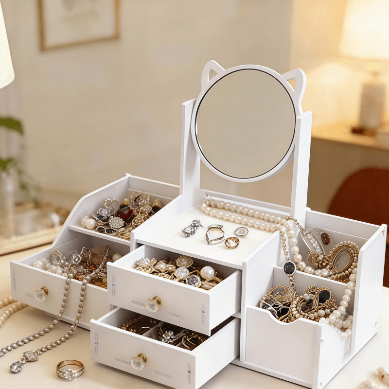 Jewelry Box with Mirror Cat Ear Design – Small Makeup Storage Organizer with Drawers, Light Luxury Vanity Case for Bedroom Dressing Room & Living Room