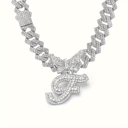 Cuban Link Chain Necklace - Initial Letter for Men Women - with Butterfly Alphabet Pendant A-Z, Gold & - product detail view
