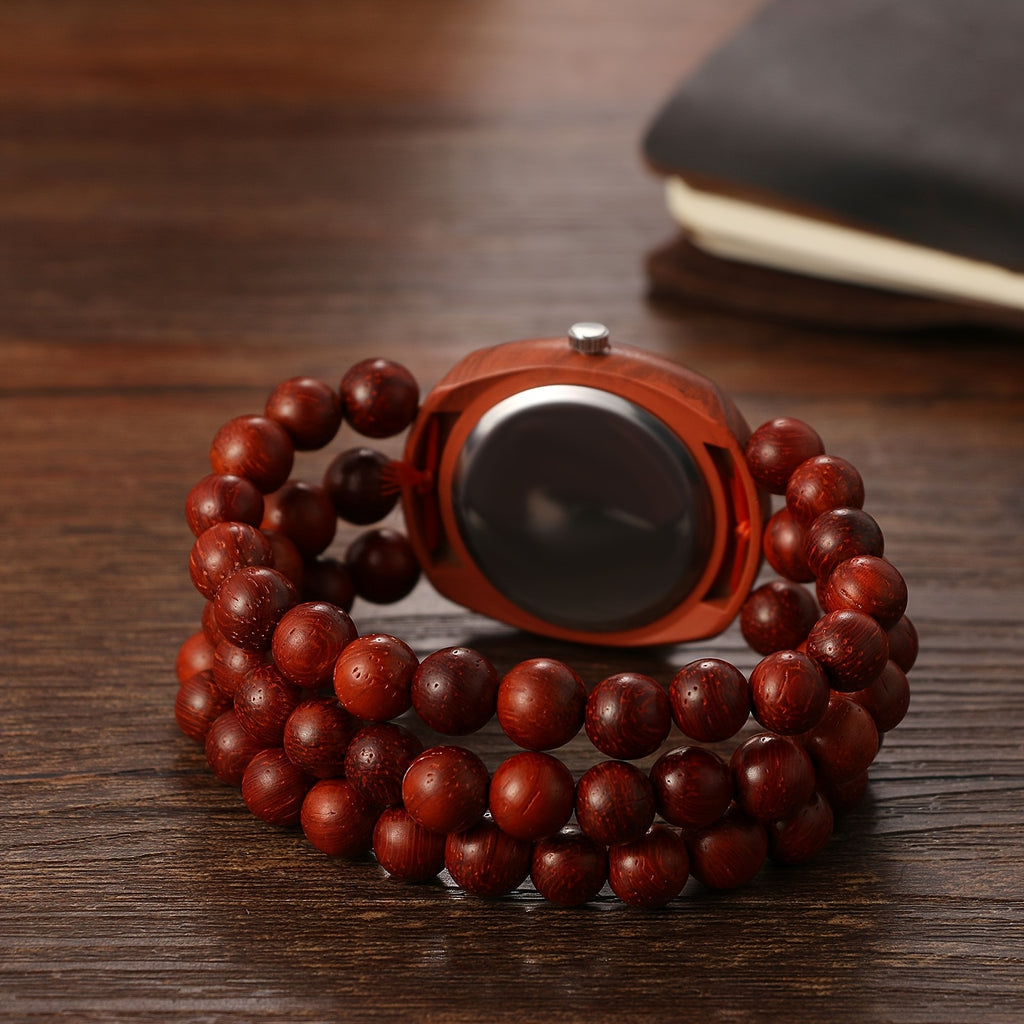Women Wood Beaded Elastic Bracelet Band Watch Butterfly Dial Arabic Numerals Analog Quartz Boho Wristwatch