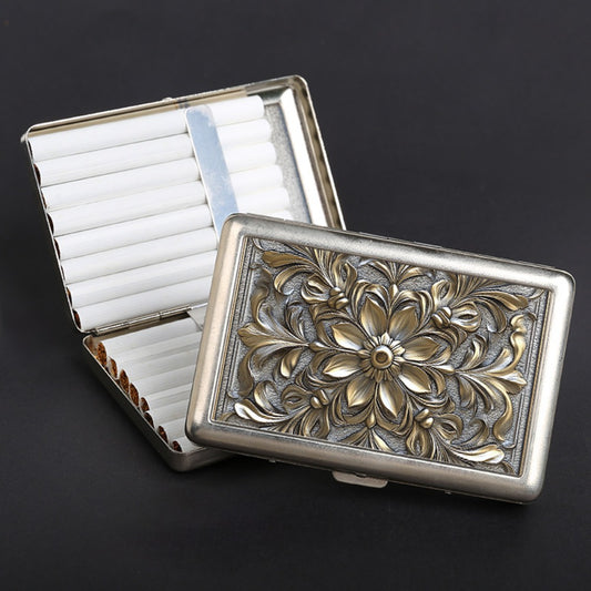 Cigarette Case - Metal Double-Open Holds 16 Retro Fire Pattern Embossed Slim Storage Box - main product view