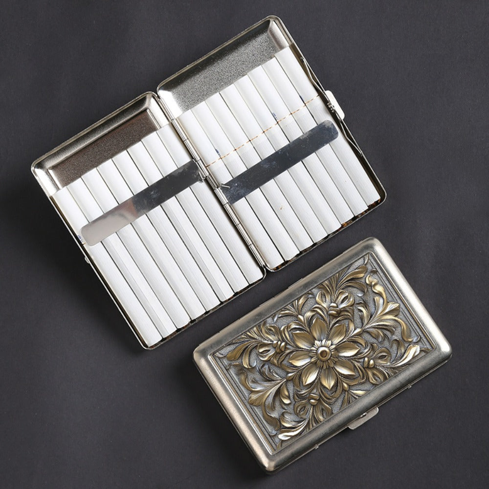Cigarette Case - Metal Double-Open Holds 16 Retro Fire Pattern Embossed Slim Storage Box - product detail view 4