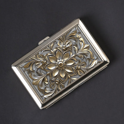 Cigarette Case - Metal Double-Open Holds 16 Retro Fire Pattern Embossed Slim Storage Box - product detail view 5