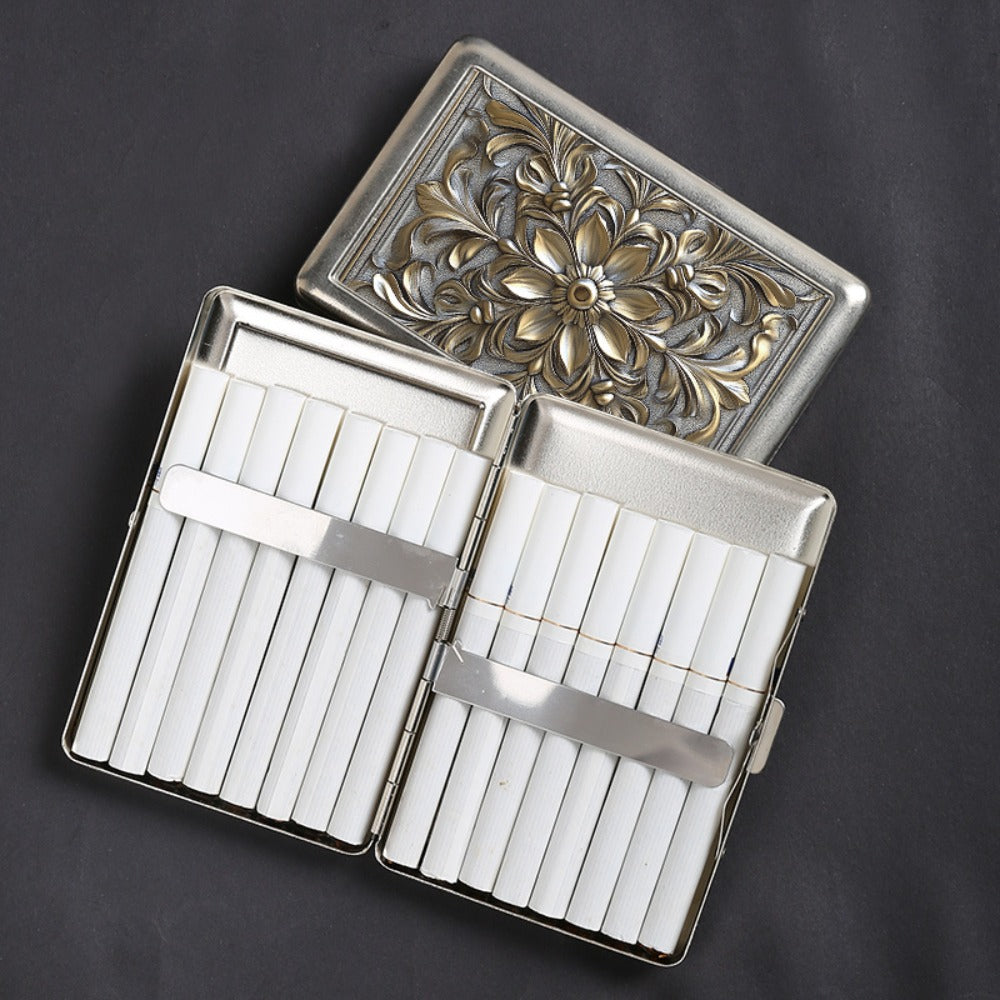 Cigarette Case - Metal Double-Open Holds 16 Retro Fire Pattern Embossed Slim Storage Box - product detail view 6