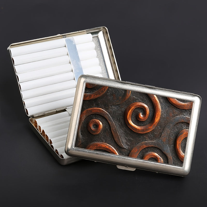 Cigarette Case - Metal Double-Open Holds 16 Retro Fire Pattern Embossed Slim Storage Box - product detail view 8