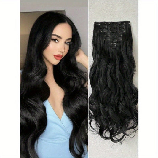 Clip In Hair Extensions - In 22 Inch 7pcs Set 16 Black Natural Wave Long Synthetic Hairpiece for - main product view