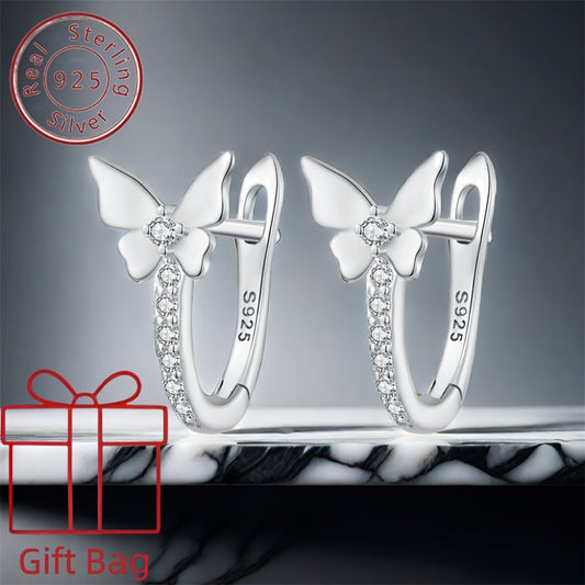 Clip On Earrings for Women - 925 Silver Butterfly Ear Clip, Crystal Dangle Pair - 925 silver detail