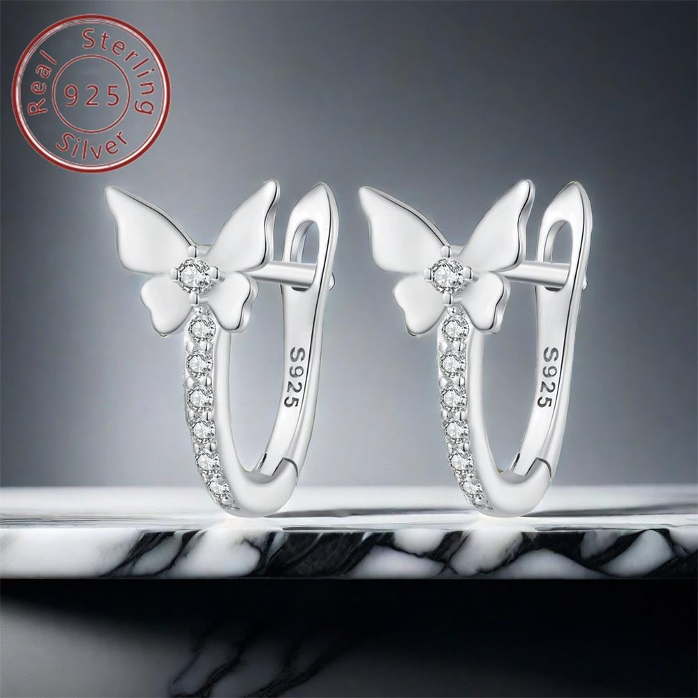 Clip On Earrings for Women - 925 Silver Butterfly Ear Clip, Crystal Dangle Pair - 925 silver detail