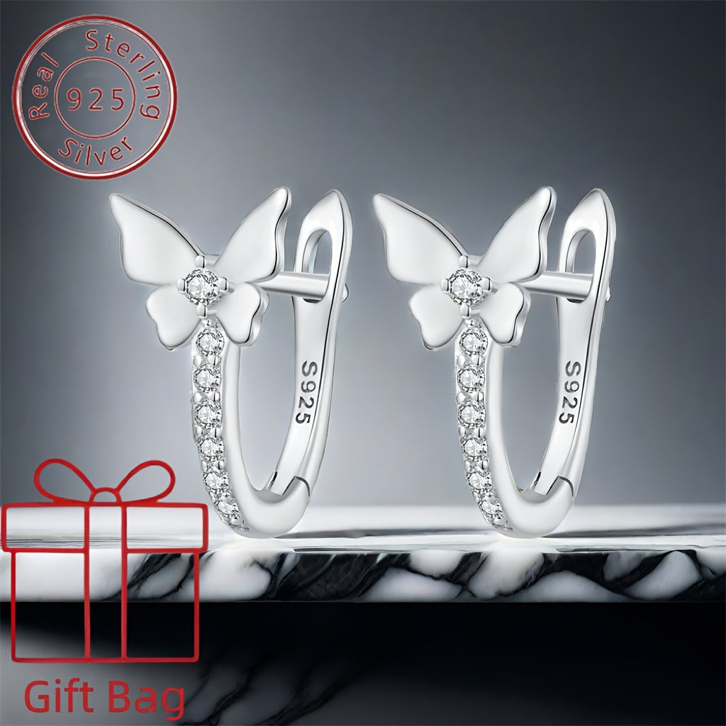 Clip On Earrings for Women - 925 Silver Butterfly Ear Clip, Crystal Dangle Pair - 925 silver detail